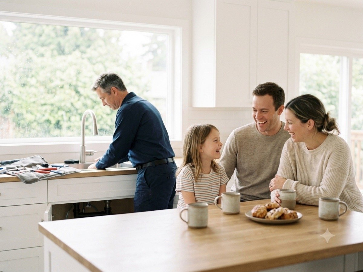Relaxed family in a bright kitchen while a plumber finishes work at the sink