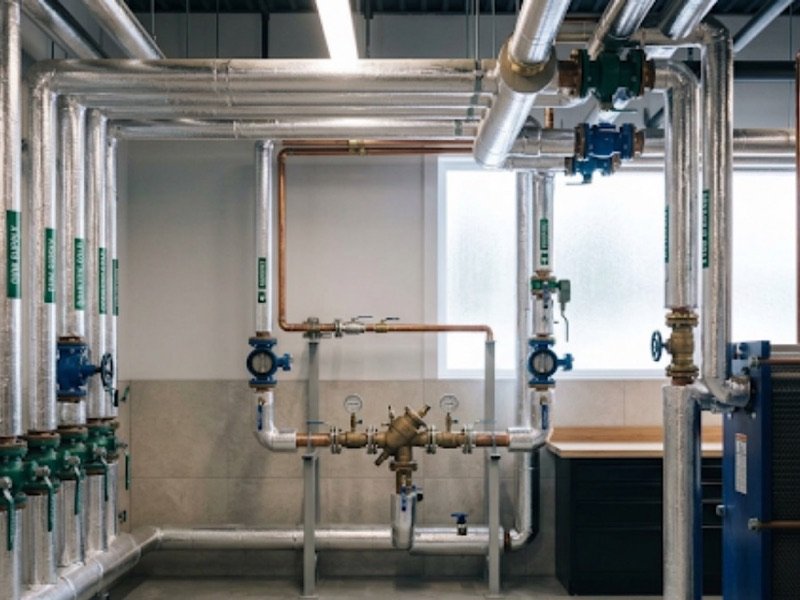 Commercial mechanical room with insulated pipework and valves