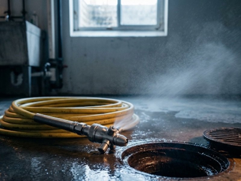 High-pressure hydro-jetting nozzle and hose coiled beside an open drain