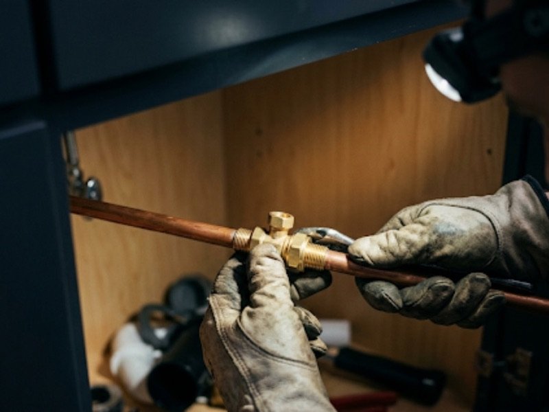 Hands fitting a compression valve onto copper supply pipe
