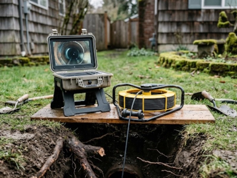 Sewer inspection camera reel and monitor beside an excavated pipe trench
