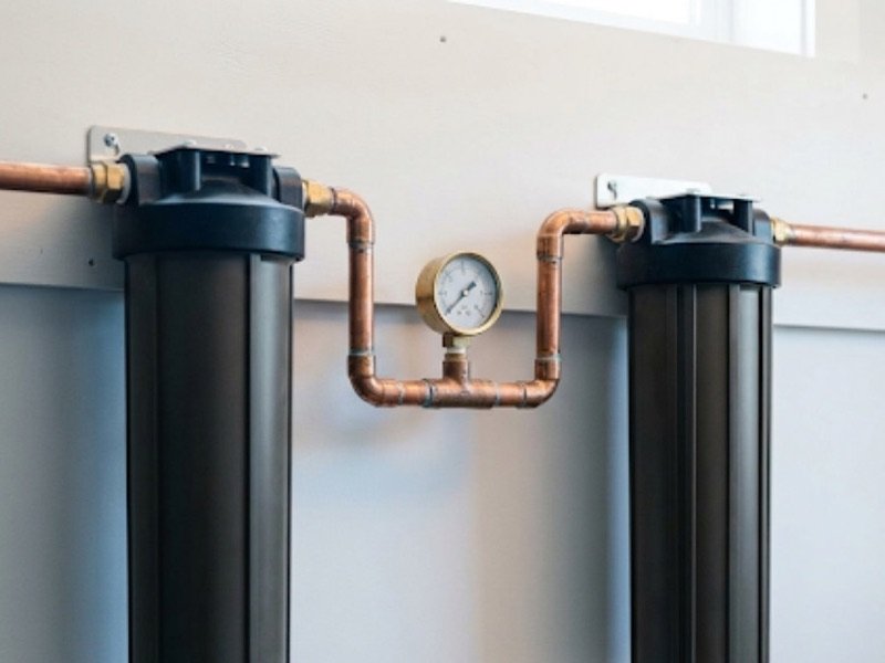 Whole-home water filtration cylinders mounted on a utility room wall