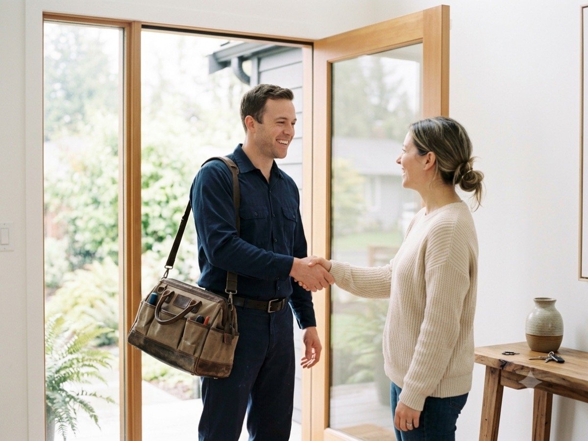 Plumber shaking hands with a happy customer at their front door